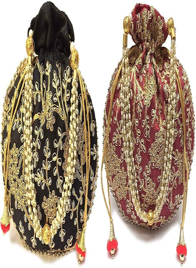 STLYZ Women's Potli Bag (Set Of 2) Rajasthani Style Silk Potli Handbag Wristlet Clutch Batwa Golden Work Embroidery Potli Wedding Gift For Ladies Ethnic Women Fashion Potli - Image 1
